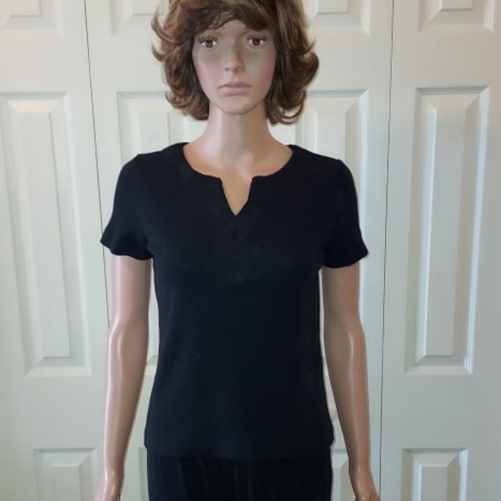 Rafaella Black Short Sleeve Embroidered at Neckline Blouse Size S